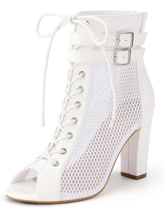 Shoes - Women's White Pu Mesh High Heels Block Chunky Heels Open Toe Lace Up Booties